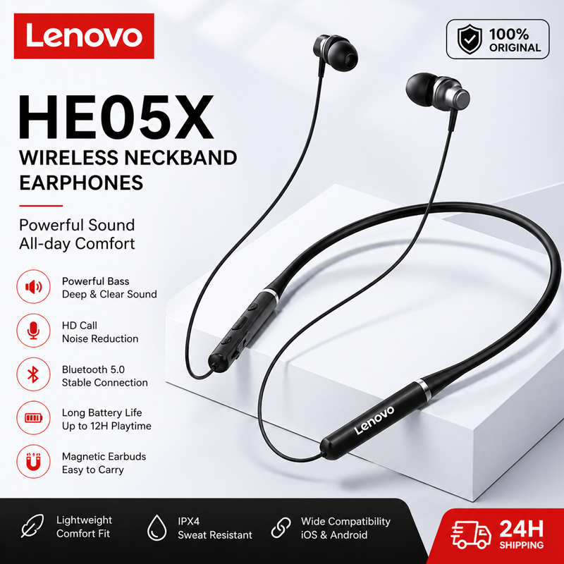 سماعات أذن لينوفو HE05X الأصلي - مراجعة Magnetic Neckband Sports Earphones وسعره